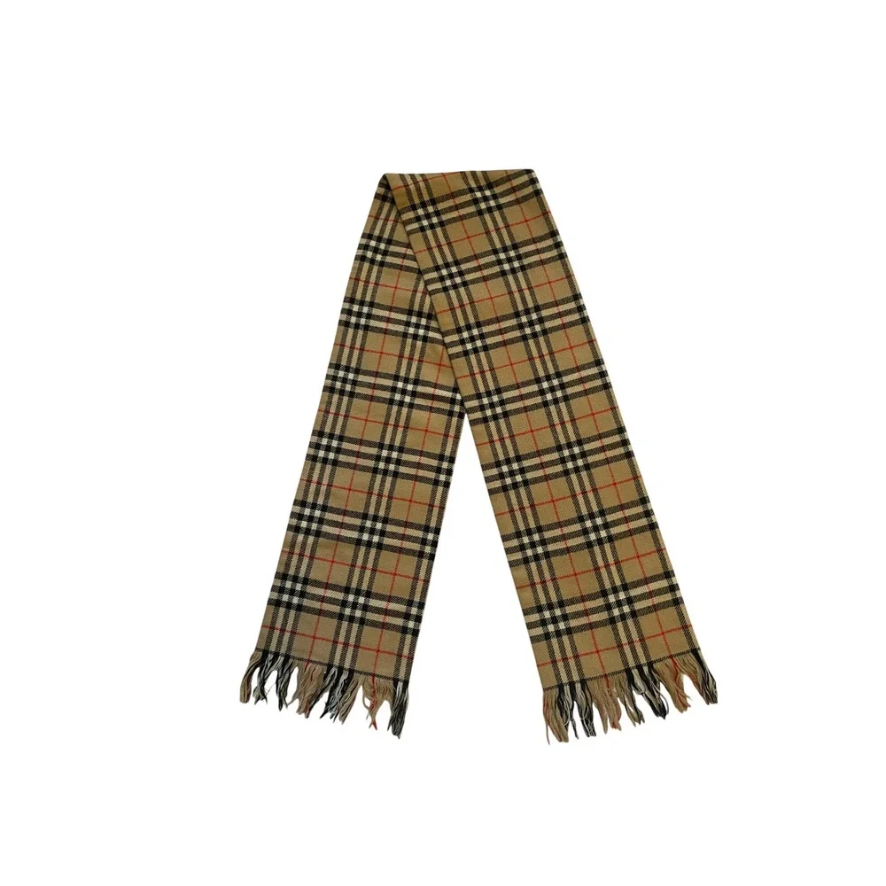 Tan Plaid Fringe Trim Check Scarf Unisex